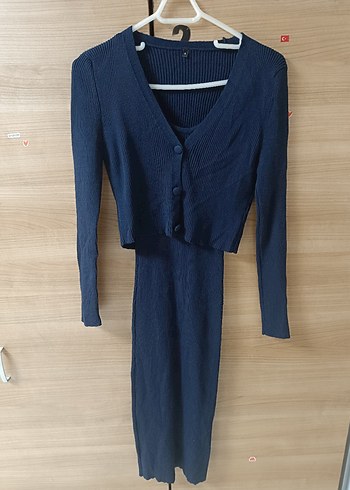 Uzun Kollu Lacivert Triko Elbise hırka - Görsel 2