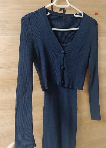 Uzun Kollu Lacivert Triko Elbise hırka - Görsel 3