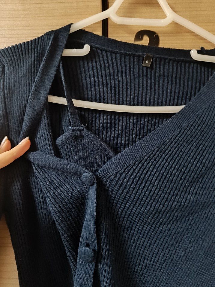 Uzun Kollu Lacivert Triko Elbise hırka - Görsel 4