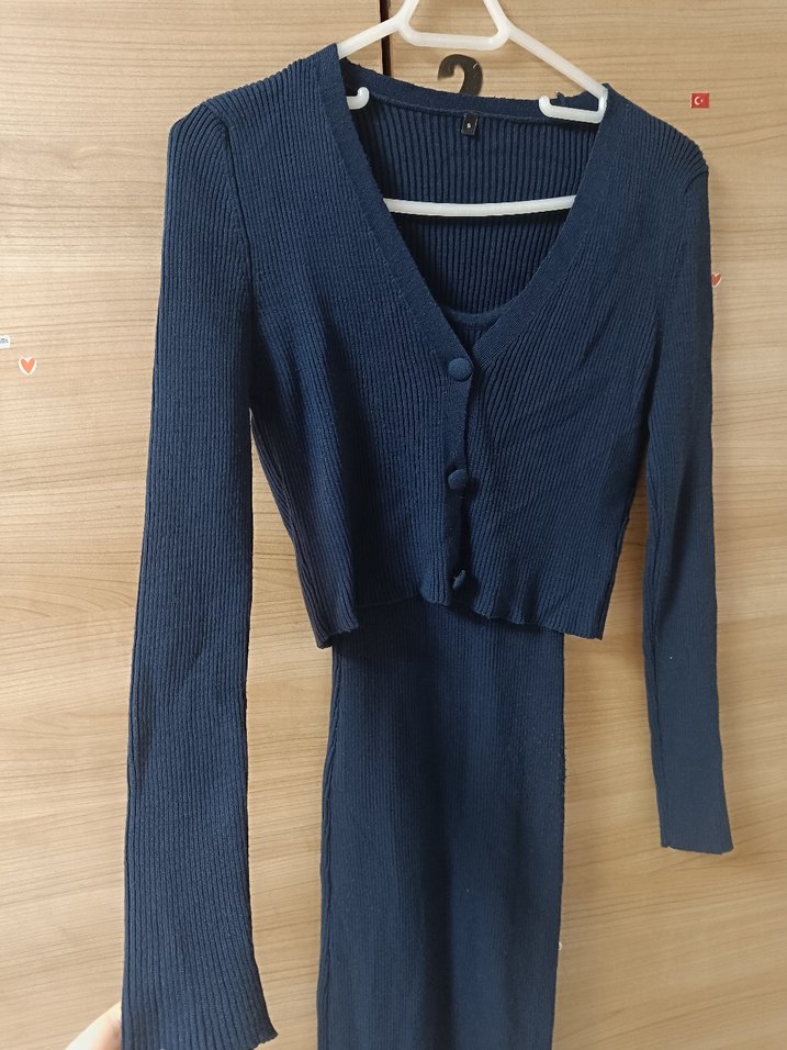 Uzun Kollu Lacivert Triko Elbise hırka - Görsel 3