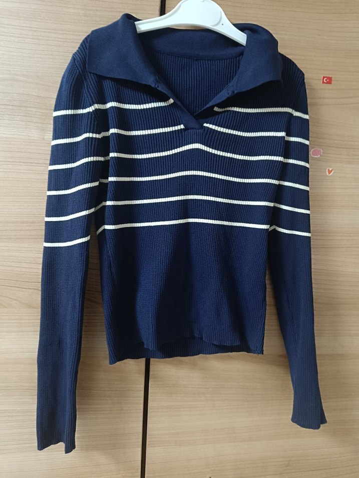 Kadın Lacivert Çizgili Örgü Triko bluz - Görsel 2
