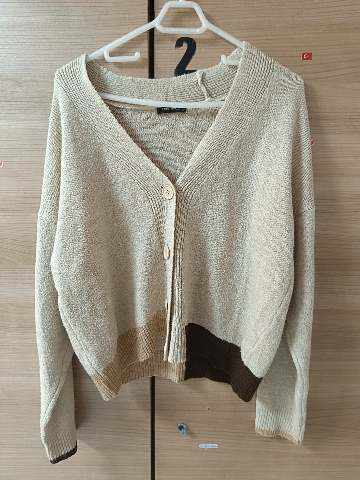 Bej Örgü Midi Kadın Hırka V Yaka oversize hırka - Görsel 2