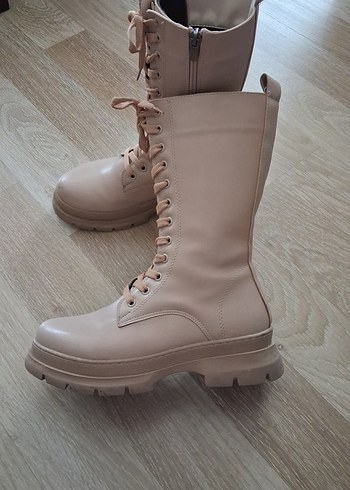 Bej Deri Yüksek Topuklu Kadın Bot - Görsel 3