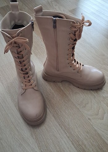 Bej Deri Yüksek Topuklu Kadın Bot - Görsel 5