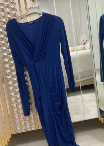 Uzun Kollu Drapeli Mavi Abiye Elbise - Görsel 2