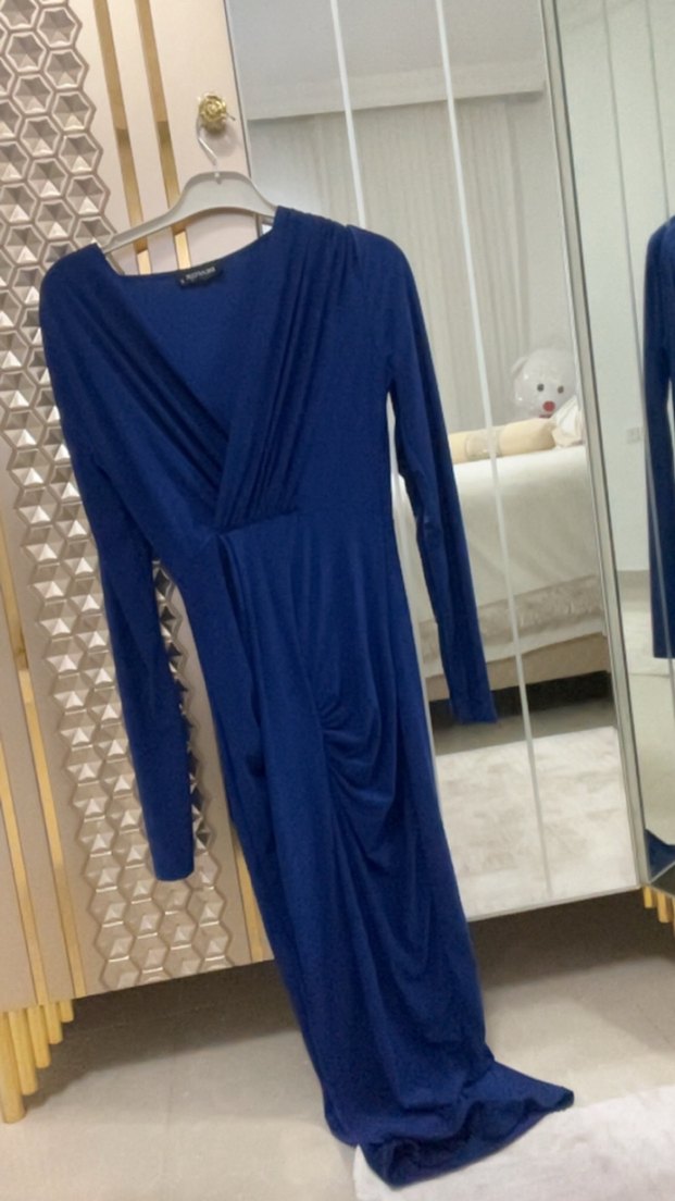 Uzun Kollu Drapeli Mavi Abiye Elbise - Görsel 2