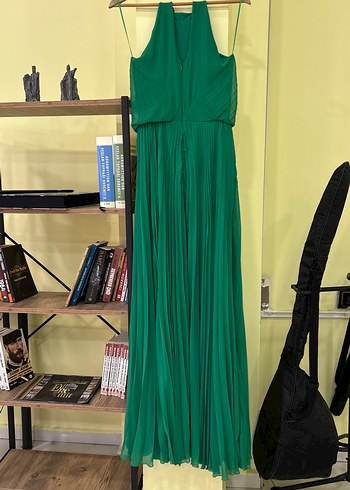 Yeşil Piliseli Uzun İpek Elbise - Görsel 3