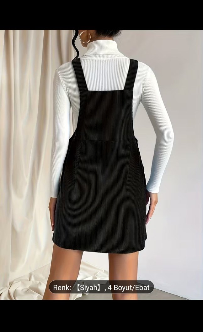 Siyah Düğmeli Kadın Mini Salopet Elbise - Görsel 3