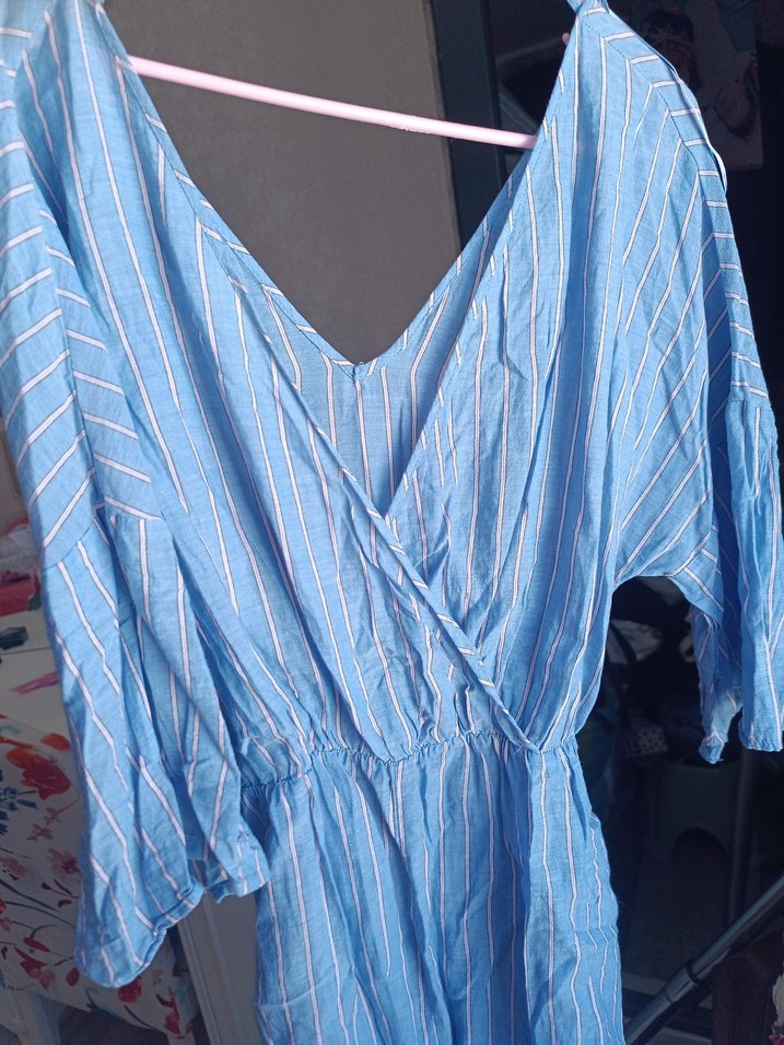 Mavi V Yaka Salaş efil efil elbise - Görsel 4