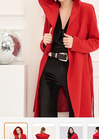 Kemerli Kırmızı Kadın Kaban - Görsel 4