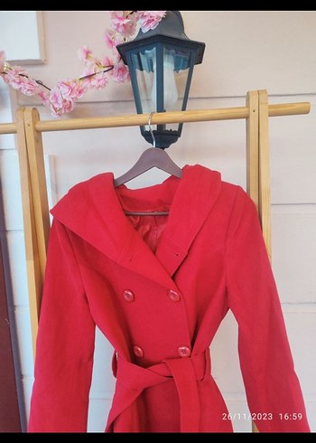 Kemerli Kırmızı Kadın Kaban - Görsel 10