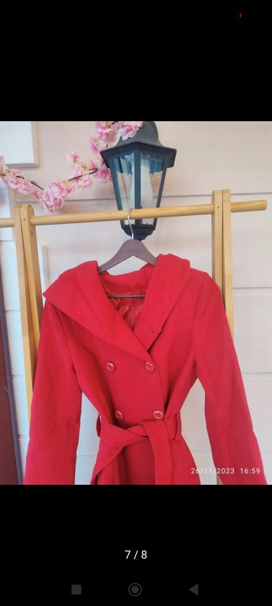 Kemerli Kırmızı Kadın Kaban - Görsel 5