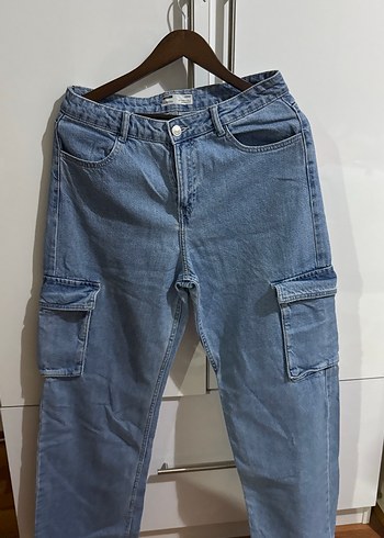 Bershka Acik Mavi Denim Wide Leg Kargo Pantolon
