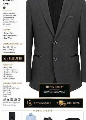 Beymen Business Siyah 100 Pamuk Regular Fit Erkek Ceket 56
