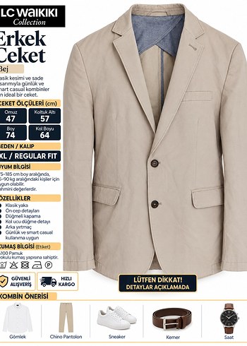 LC Waikiki Collection Bej Erkek Ceket Xl Pamuklu