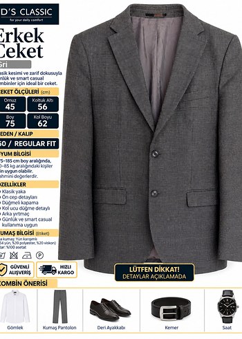 Diğer Ds Classic Slim Fit Erkek Ceket Antrasit Gri Beden 50