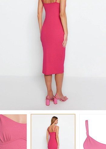 Trendyol & Milla Pembe Midi V Yakalı İnce Askılı Kalem Elbise