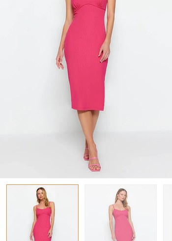 Pembe Midi V Yakalı İnce Askılı Kalem Elbise