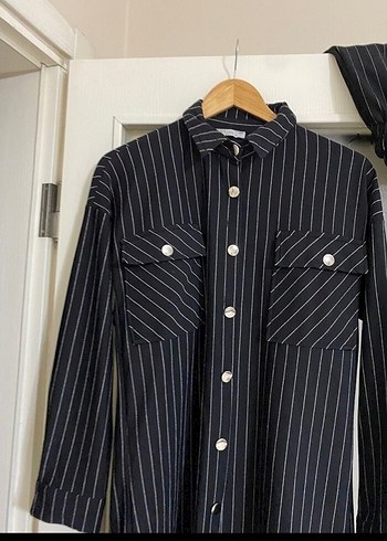 Düğmeli Siyah Çizgili Kadın Denim Takım - Görsel 7