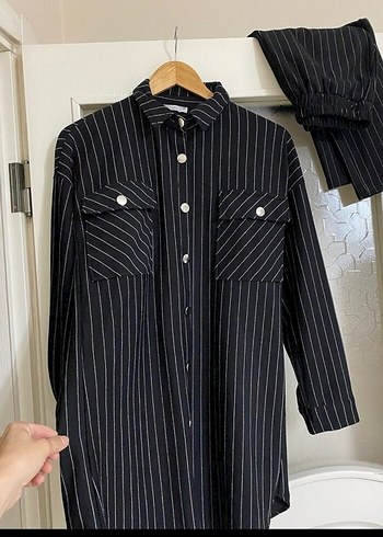 Düğmeli Siyah Çizgili Kadın Denim Takım - Görsel 9