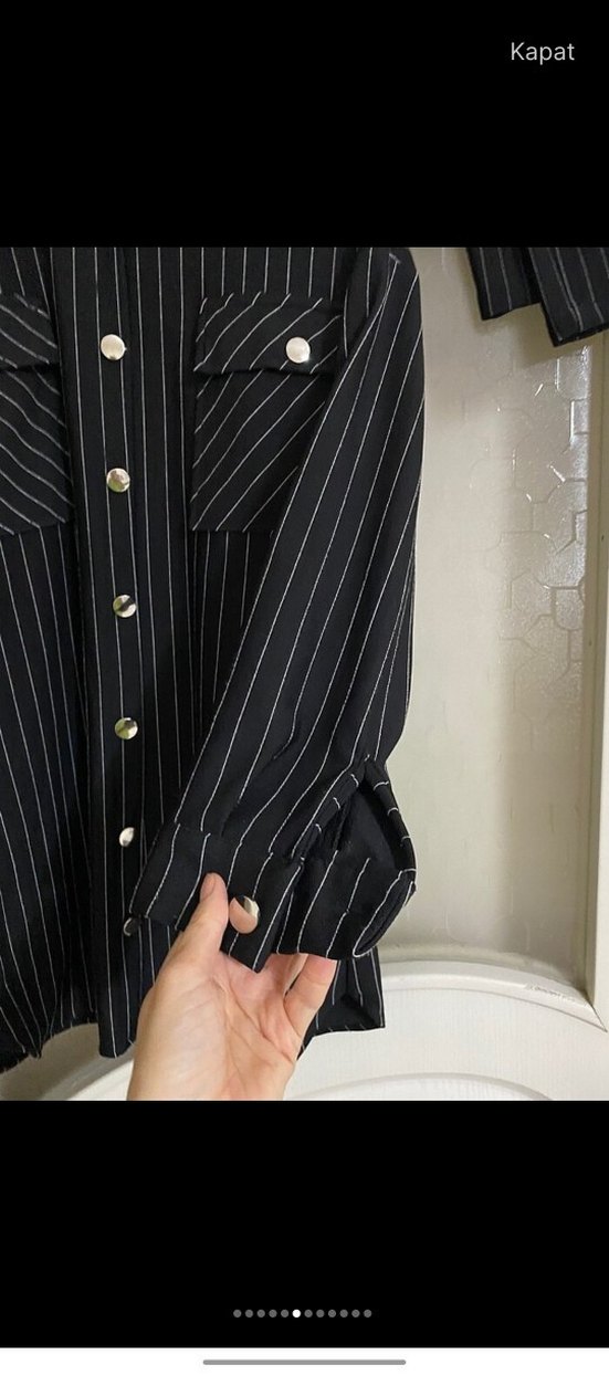 Düğmeli Siyah Çizgili Kadın Denim Takım - Görsel 3