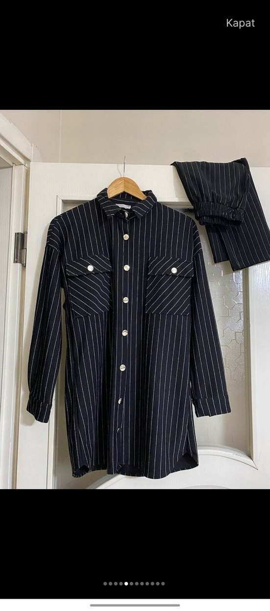 Düğmeli Siyah Çizgili Kadın Denim Takım - Görsel 2