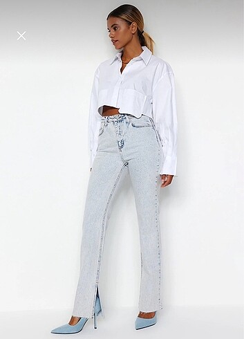 38 Beden Mavi Yırtmaçlı Yüksek Bel Flare Jeans