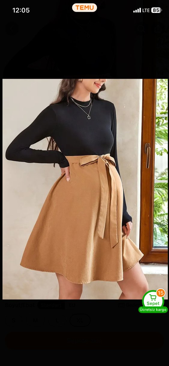 Süet Kuşaklı Midi Hamile Elbise - Görsel 4