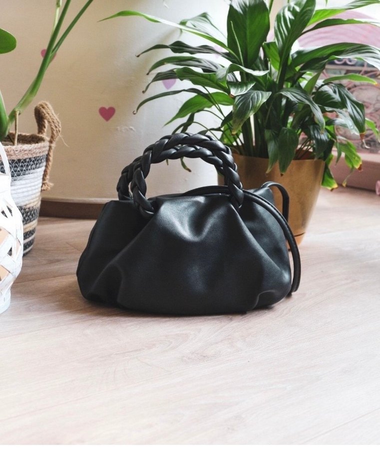 Örgü Saplı Siyah Deri Kadın Çanta - Görsel 2