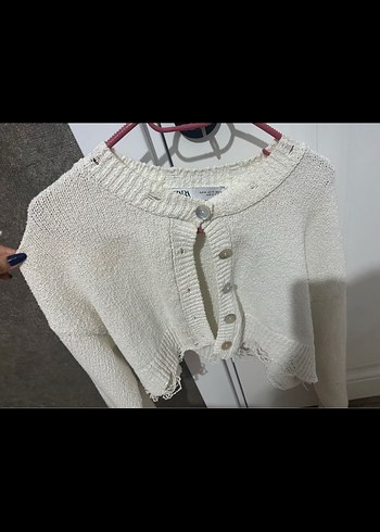 Zara Düğmeli Beyaz crop Örgü Kadın Kazak zara hırka