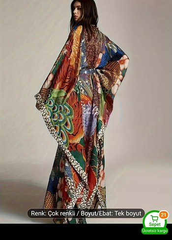 Çok Renkli Uzun Bohem Kadın Kimono - Görsel 2