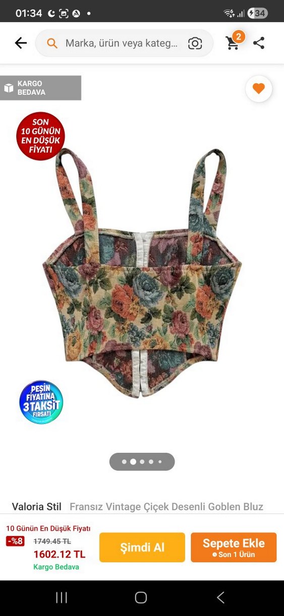 Çiçek Desenli Vintage Mini Büstiyer - Görsel 2