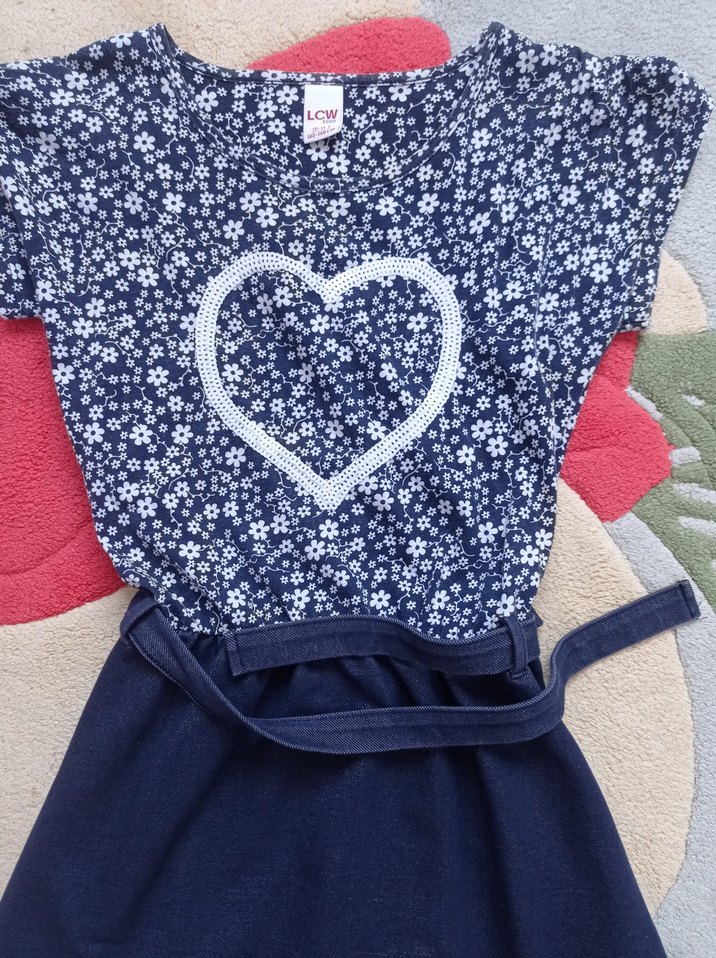 Kız Çocuk Kemerli Mavi Çiçekli Elbise - Görsel 3