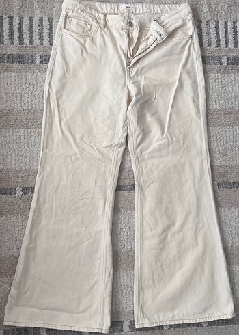 Mango Ekru Yuksek Bel Genis Paca Pantolon