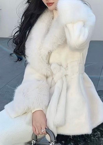 Beyaz Kadın Suni Kürk Kemerli Kaban - Görsel 4
