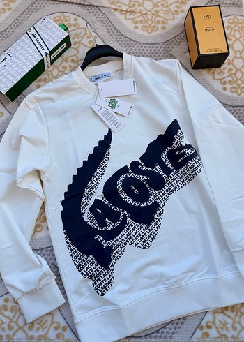 Lacoste Ekru Monogramli Bisiklet Yaka Sweatshirt
