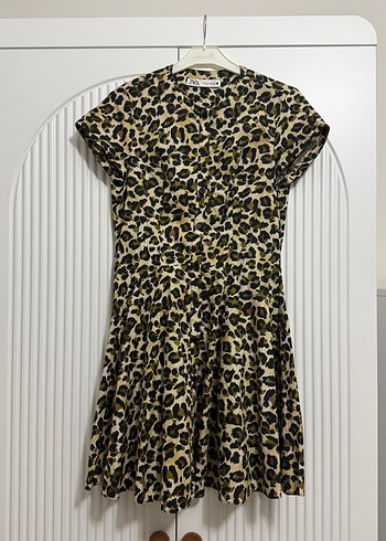 Zara Leopar Desenli Kisa Kollu Elbise