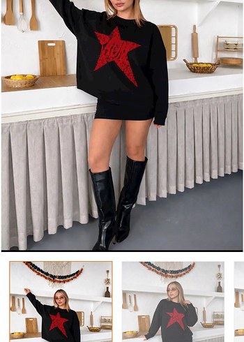 2K Kirmizi Yildizli Siyah Oversize Sweatshirt
