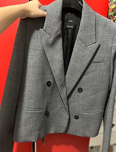 s Beden gri Renk Mango - Gri Crop Blazer Ceket