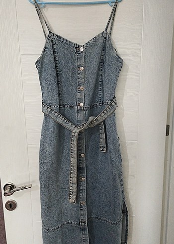 Diğer İnce Askili Mavi Denim Elbise