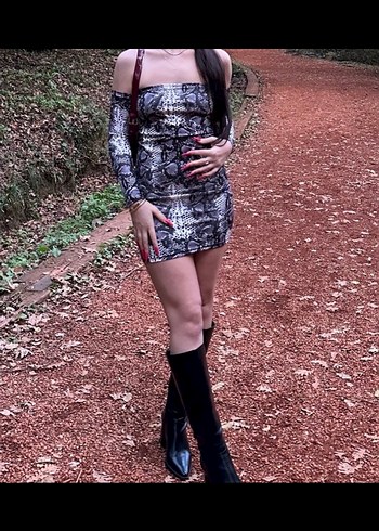 Yılan desen Straplez Mini Elbise - Görsel 3