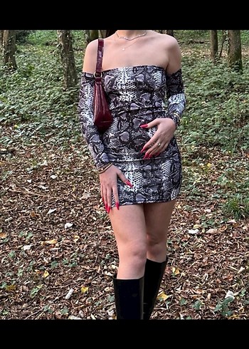 Yılan desen Straplez Mini Elbise - Görsel 5