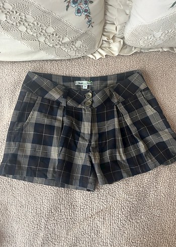 Düğmeli Kahverengi Ekose Mini Şort - Görsel 2