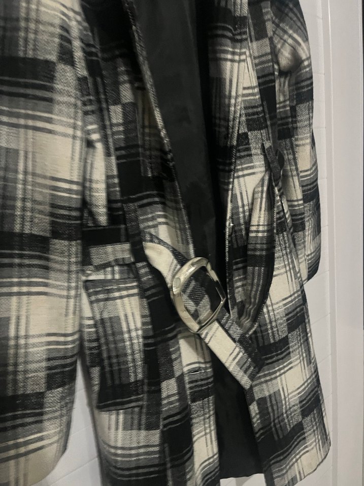 Gri Kareli Midi Düğmeli Kadın Kaban - Görsel 3