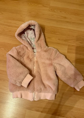 Kapüşonlu Pembe Peluş Kız Çocuk Mont