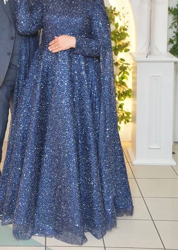 Uzun Kollu Mavi Parlak Kadın Abiye - Görsel 2