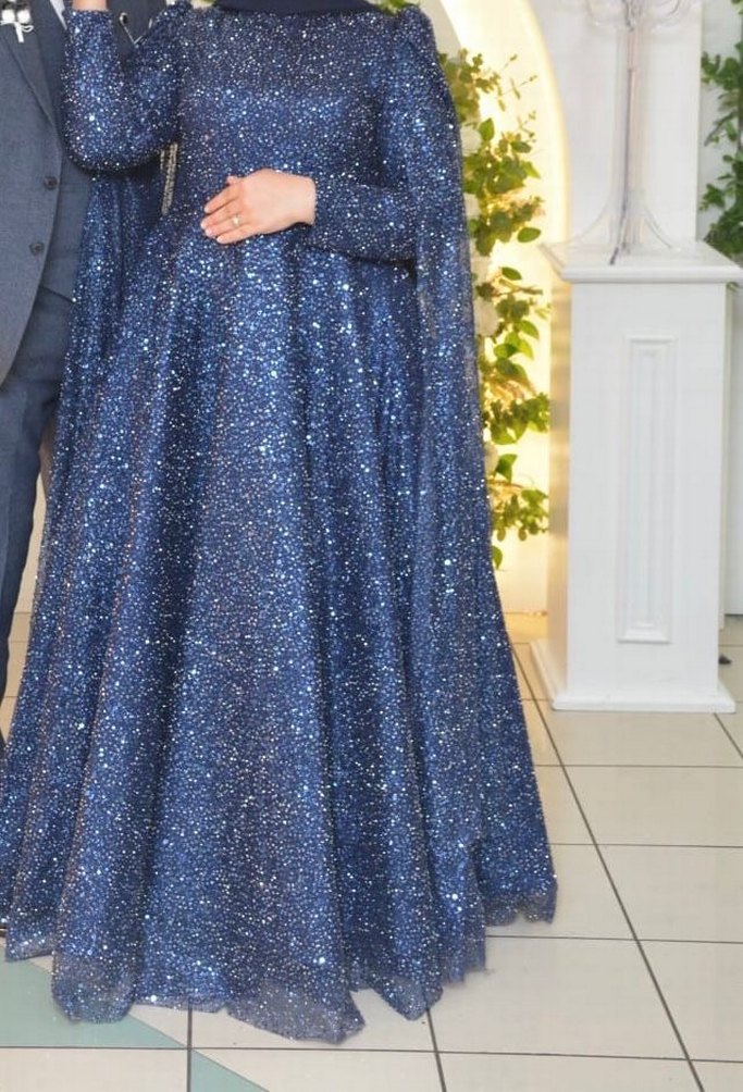 Uzun Kollu Mavi Parlak Kadın Abiye - Görsel 2