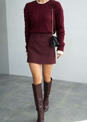 Bordo Örgü Kadın Triko Kazak - Görsel 2