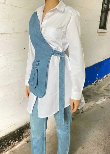 Kadın Mavi Kot Kolsuz Kemerli yelek - Görsel 2