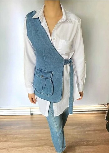 Kadın Mavi Kot Kolsuz Kemerli yelek - Görsel 3